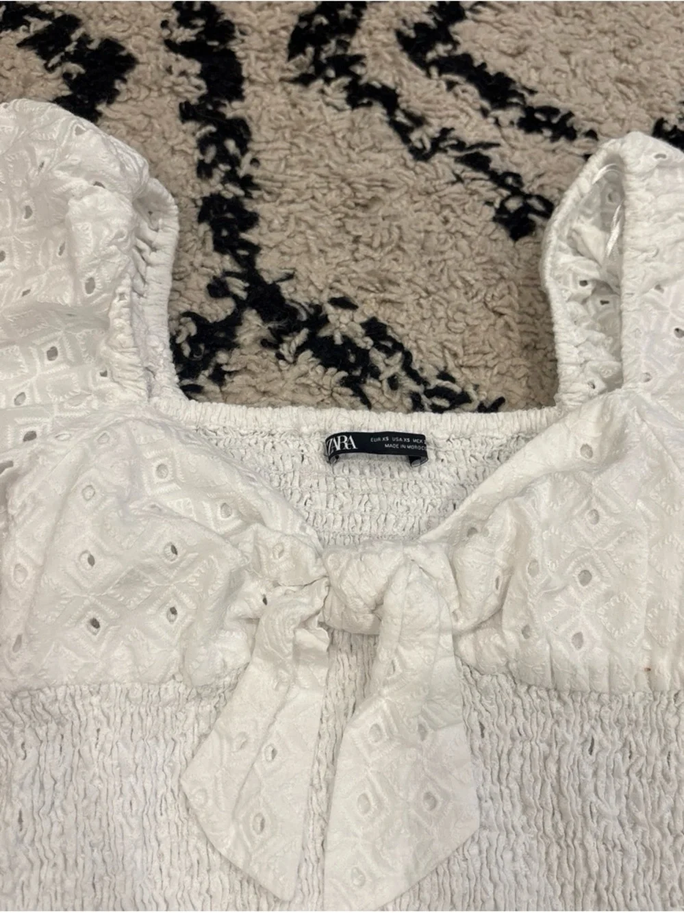 Zara White Eyelet Smocked Crop Top with Front Tie